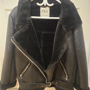 Zara Black Leather Jacket with Fur Collar